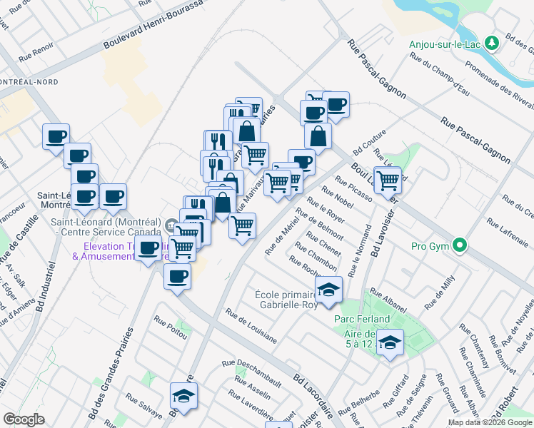 map of restaurants, bars, coffee shops, grocery stores, and more near in Montreal