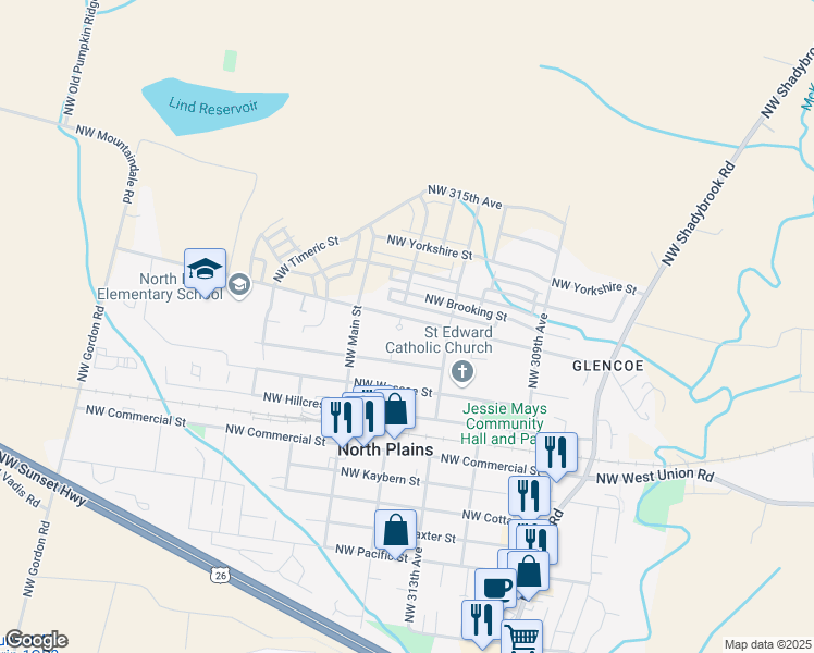 map of restaurants, bars, coffee shops, grocery stores, and more near 11174 Northwest Empress Place in North Plains