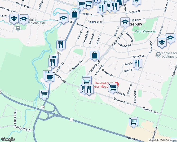 map of restaurants, bars, coffee shops, grocery stores, and more near 968 Cartier Boulevard in Hawkesbury