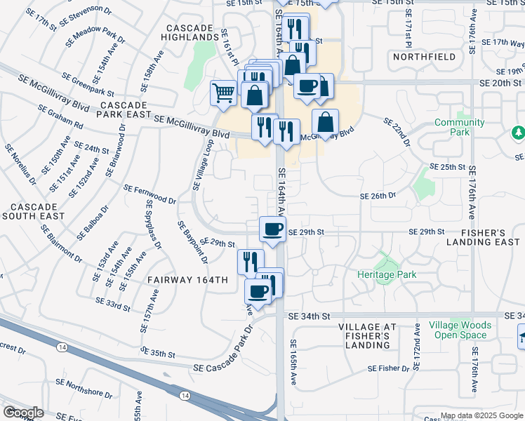 map of restaurants, bars, coffee shops, grocery stores, and more near 2610 Southeast 164th Avenue in Vancouver