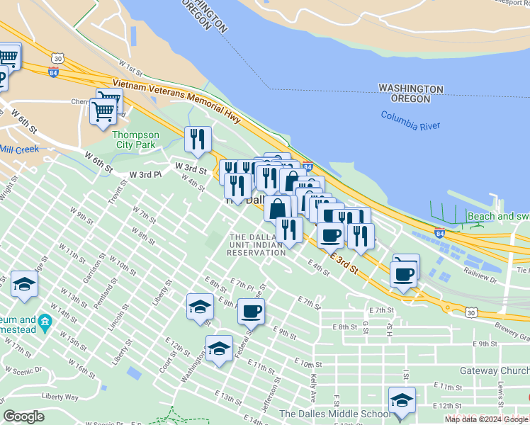 map of restaurants, bars, coffee shops, grocery stores, and more near 401 Court Street in The Dalles