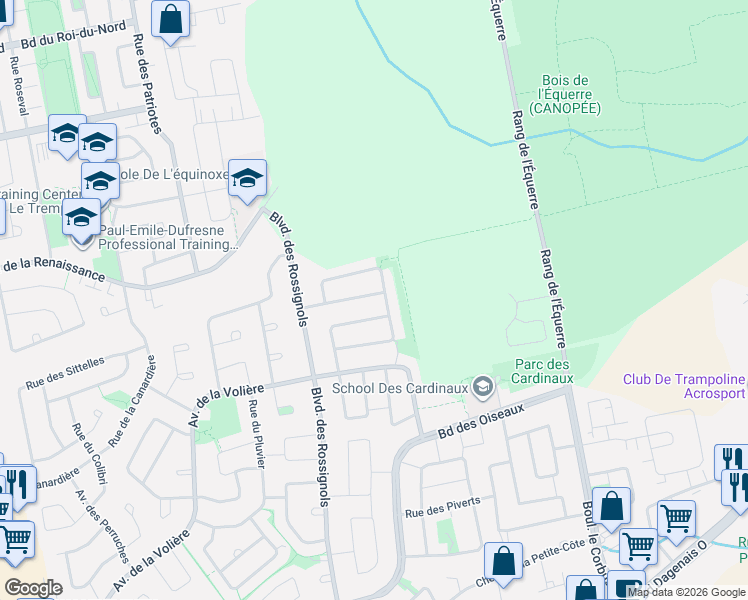 map of restaurants, bars, coffee shops, grocery stores, and more near 2340 Rue des Bernaches in Laval