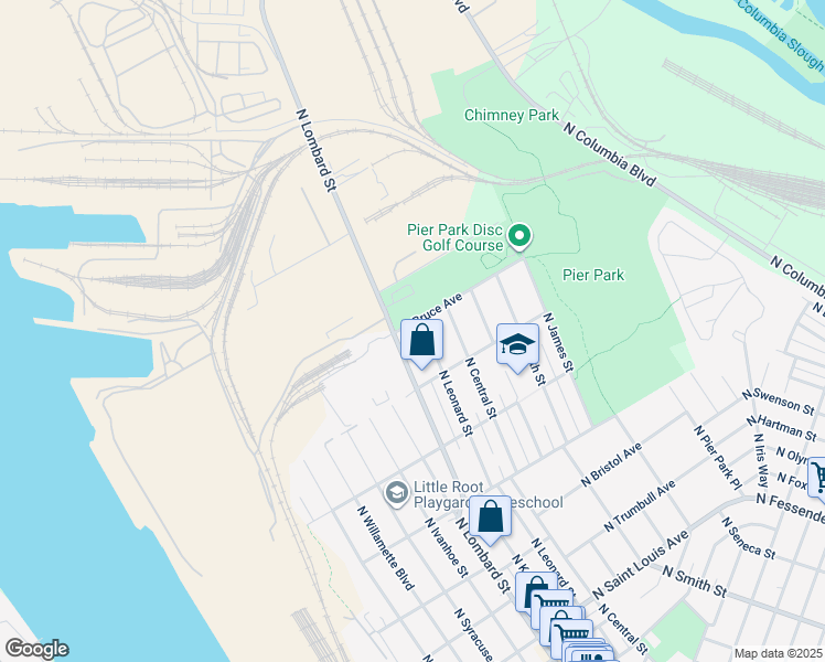 map of restaurants, bars, coffee shops, grocery stores, and more near 7524 North Bruce Avenue in Portland