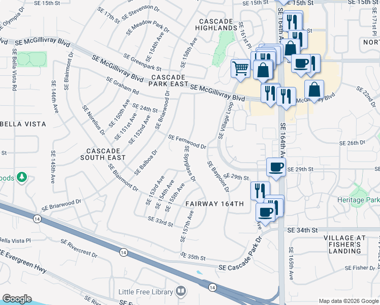 map of restaurants, bars, coffee shops, grocery stores, and more near 2705 Southeast Spyglass Drive in Vancouver
