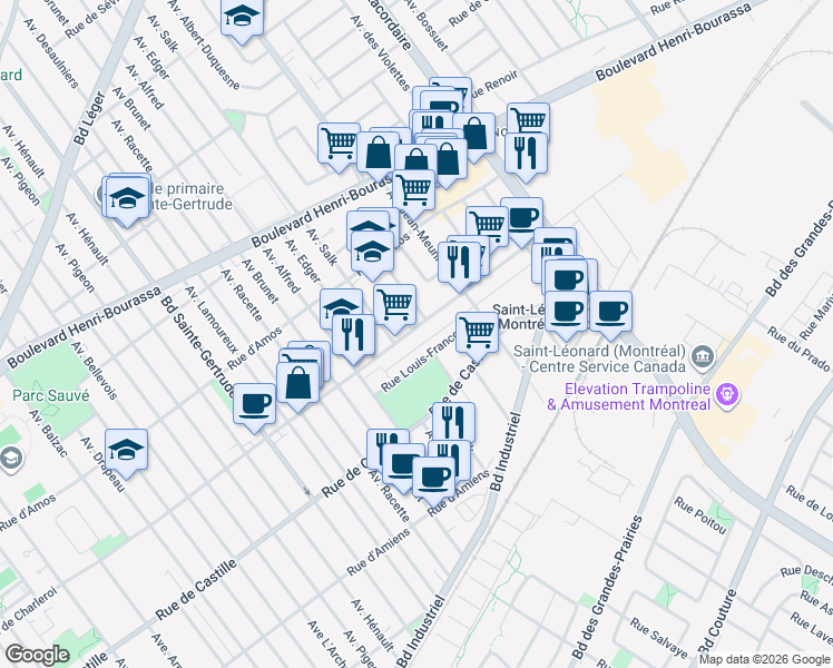map of restaurants, bars, coffee shops, grocery stores, and more near 5300 Rue de Charleroi in Montreal