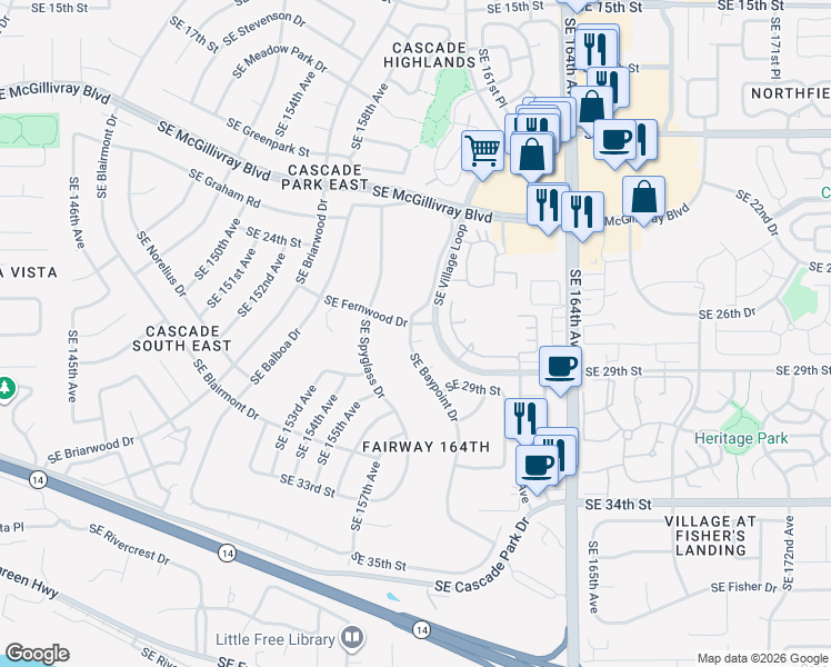 map of restaurants, bars, coffee shops, grocery stores, and more near 15802 SE 27th Cir in Vancouver