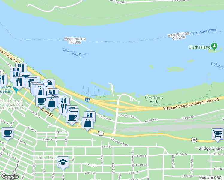 map of restaurants, bars, coffee shops, grocery stores, and more near 101 North Boat Basin Road in The Dalles