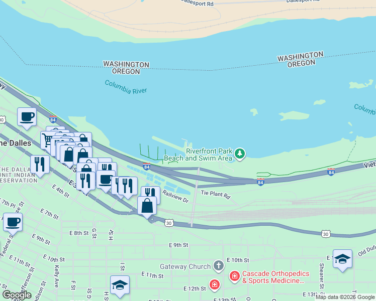 map of restaurants, bars, coffee shops, grocery stores, and more near 101 North Boat Basin Road in The Dalles