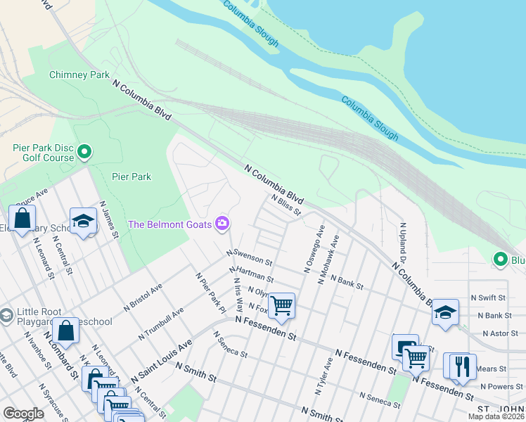 map of restaurants, bars, coffee shops, grocery stores, and more near 10341 North Barr Avenue in Portland