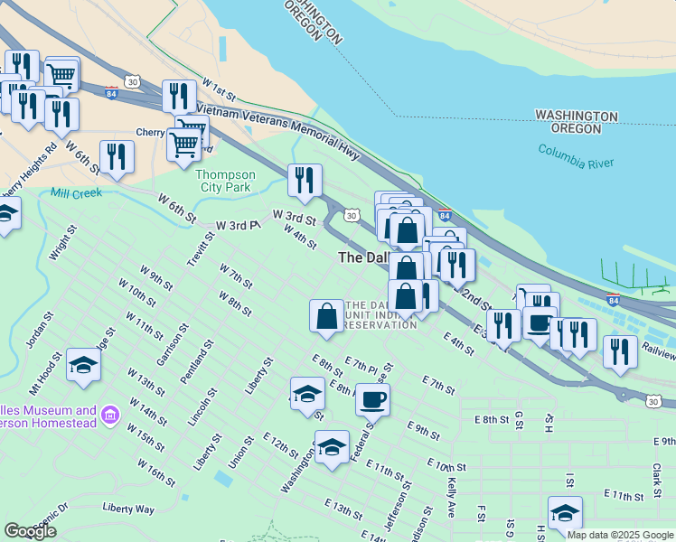 map of restaurants, bars, coffee shops, grocery stores, and more near 118 W 4th St in The Dalles