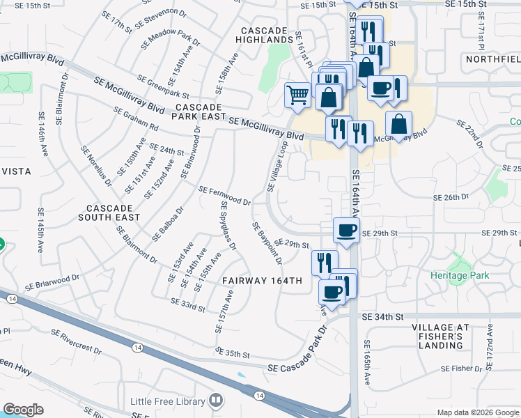map of restaurants, bars, coffee shops, grocery stores, and more near 15806 Southeast 27th Circle in Vancouver