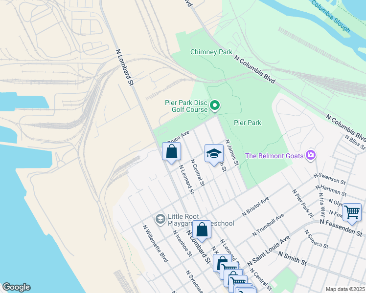 map of restaurants, bars, coffee shops, grocery stores, and more near 10216 North Central Street in Portland