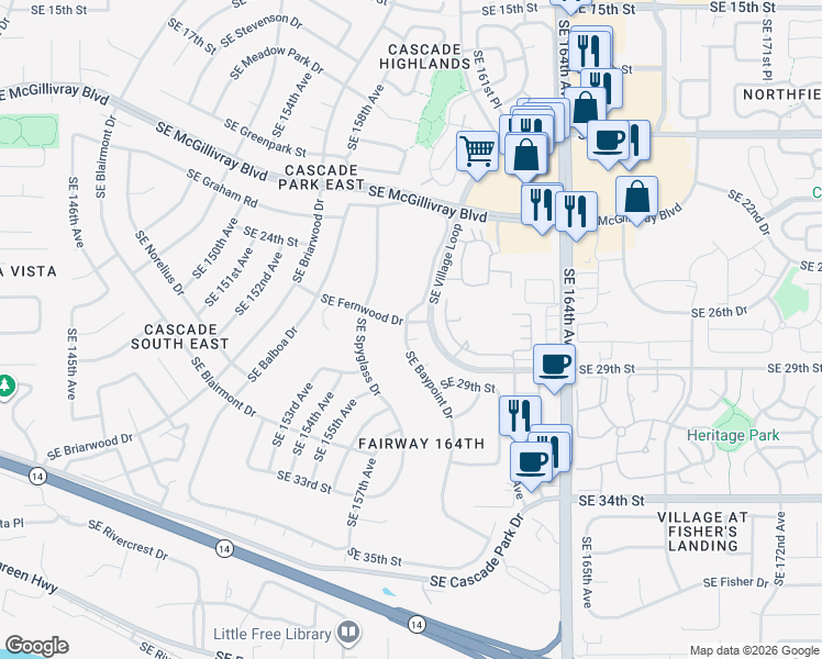 map of restaurants, bars, coffee shops, grocery stores, and more near 15806 Southeast 27th Circle in Vancouver
