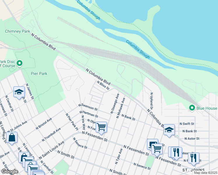 map of restaurants, bars, coffee shops, grocery stores, and more near 8241 North Bliss Street in Portland