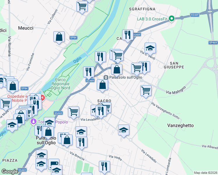 map of restaurants, bars, coffee shops, grocery stores, and more near 19a Via Lagorio in Palazzolo sull'Oglio