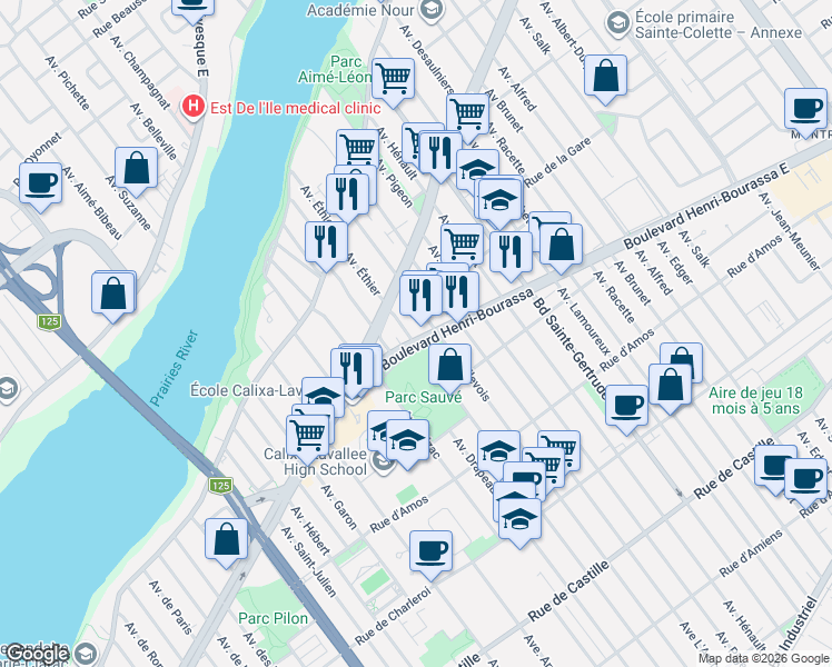map of restaurants, bars, coffee shops, grocery stores, and more near 4761 Boulevard Henri-Bourassa Est in Montréal