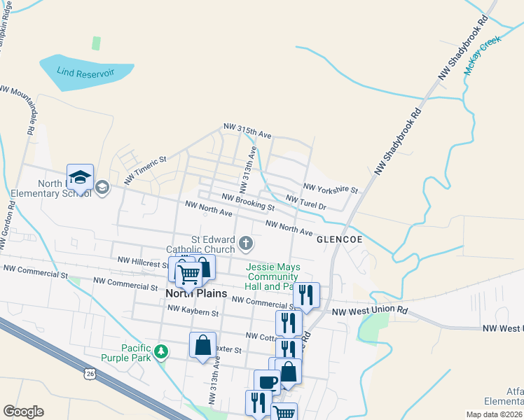 map of restaurants, bars, coffee shops, grocery stores, and more near 31066 Northwest Brooking Street in North Plains