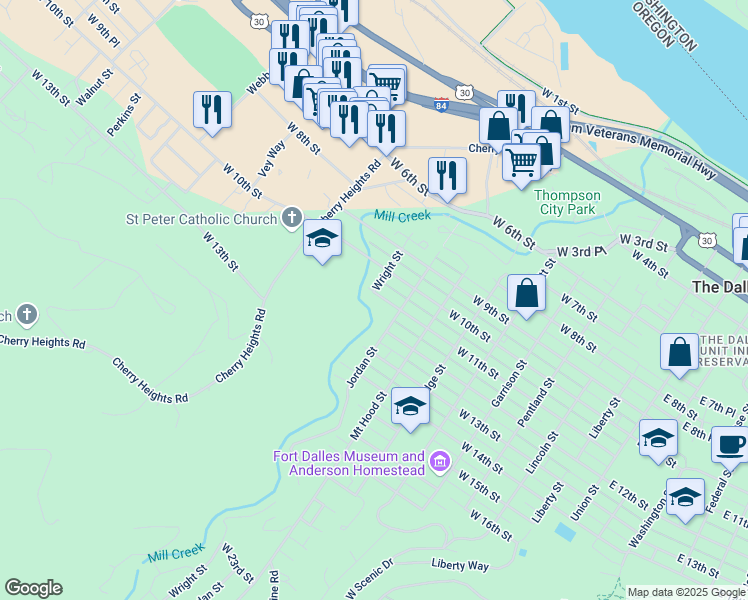 map of restaurants, bars, coffee shops, grocery stores, and more near 922 West 11th Street in The Dalles