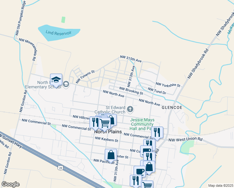 map of restaurants, bars, coffee shops, grocery stores, and more near 11174 Northwest Empress Place in North Plains