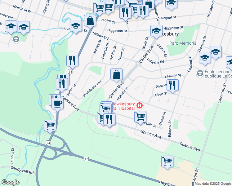 map of restaurants, bars, coffee shops, grocery stores, and more near in Hawkesbury