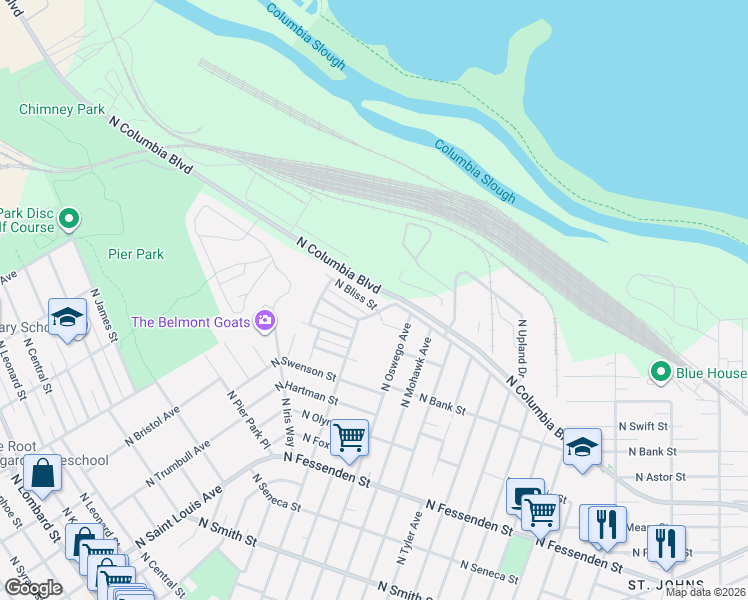map of restaurants, bars, coffee shops, grocery stores, and more near 8253 North Bliss Street in Portland