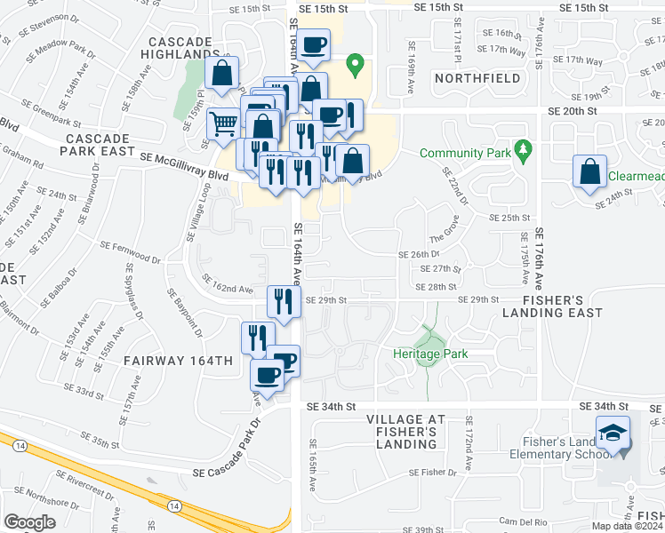 map of restaurants, bars, coffee shops, grocery stores, and more near 2625 Southeast 29th Street in Vancouver
