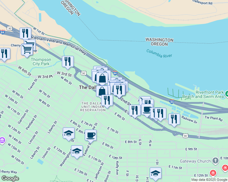 map of restaurants, bars, coffee shops, grocery stores, and more near 203 East 2nd Street in The Dalles