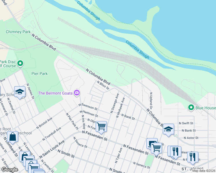 map of restaurants, bars, coffee shops, grocery stores, and more near 8253 North Bliss Street in Portland