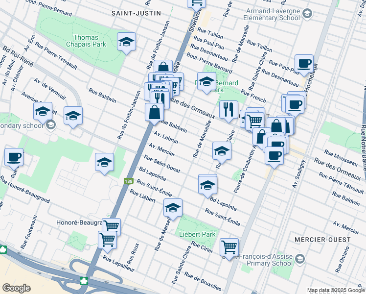 map of restaurants, bars, coffee shops, grocery stores, and more near 3060 Avenue Lebrun in Montréal
