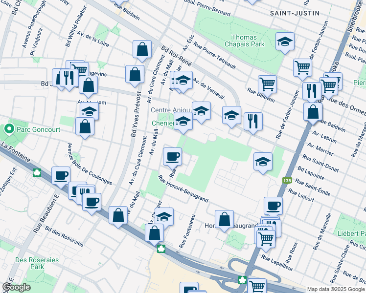 map of restaurants, bars, coffee shops, grocery stores, and more near Avenue Chénier in Montréal