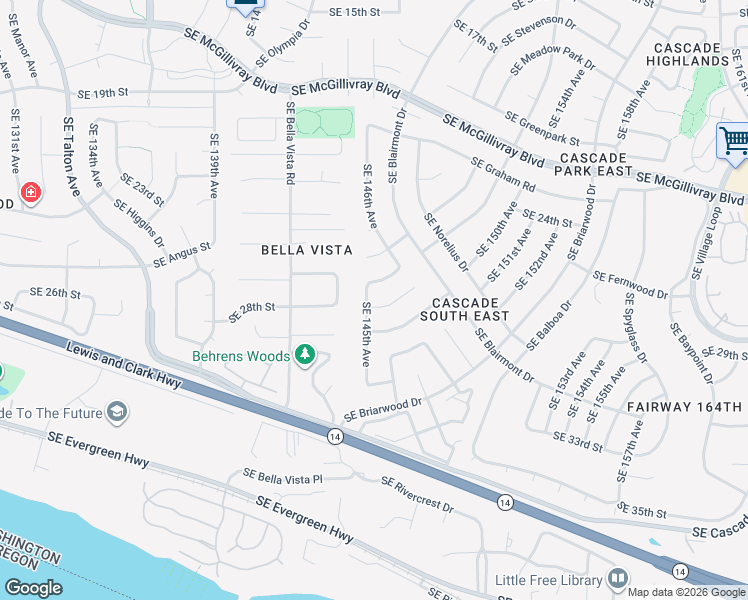 map of restaurants, bars, coffee shops, grocery stores, and more near 14500 Southeast 27th Circle in Vancouver