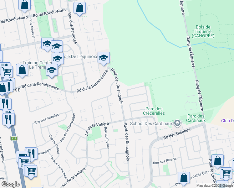 map of restaurants, bars, coffee shops, grocery stores, and more near 6254 Boulevard des Rossignols in Laval
