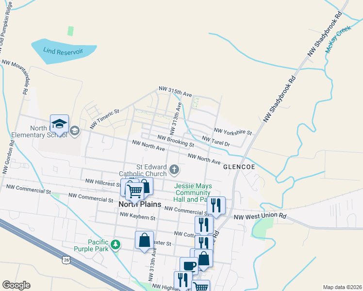 map of restaurants, bars, coffee shops, grocery stores, and more near 11172 Northwest Ridgeview Place in North Plains