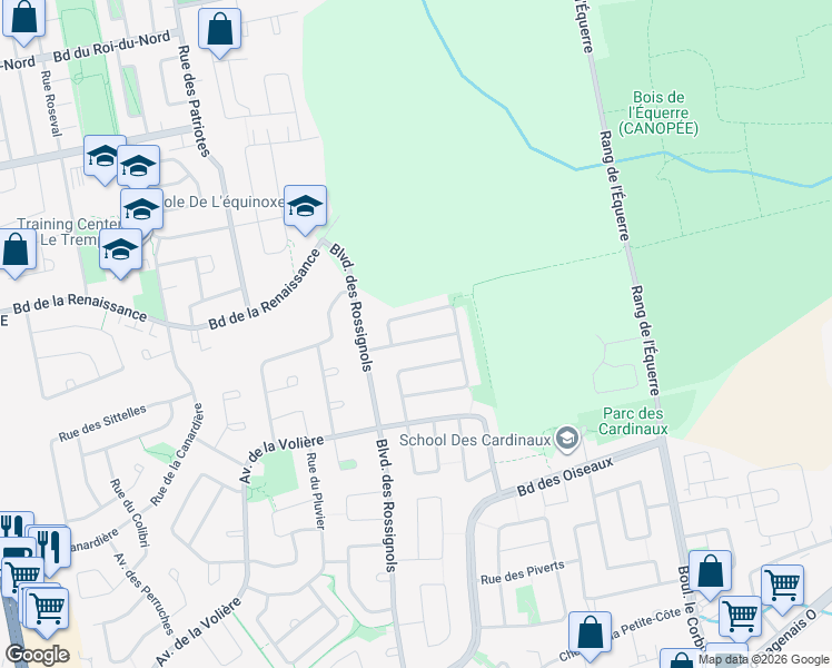 map of restaurants, bars, coffee shops, grocery stores, and more near 2367 Rue des Bernaches in Laval