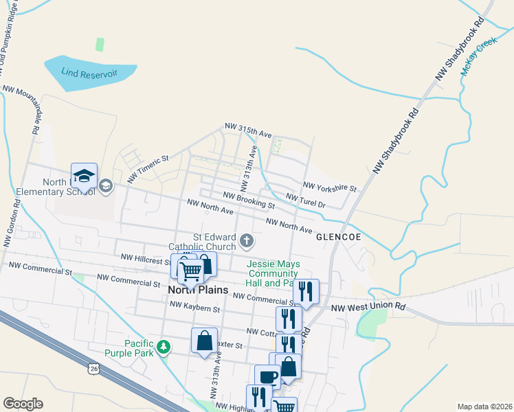 map of restaurants, bars, coffee shops, grocery stores, and more near 31106 Northwest Brooking Street in North Plains