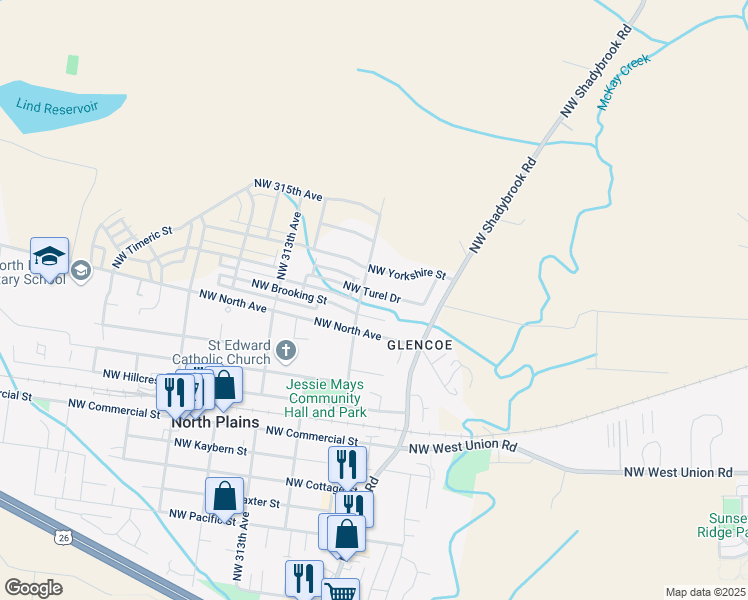 map of restaurants, bars, coffee shops, grocery stores, and more near 30876 Northwest Turel Drive in North Plains