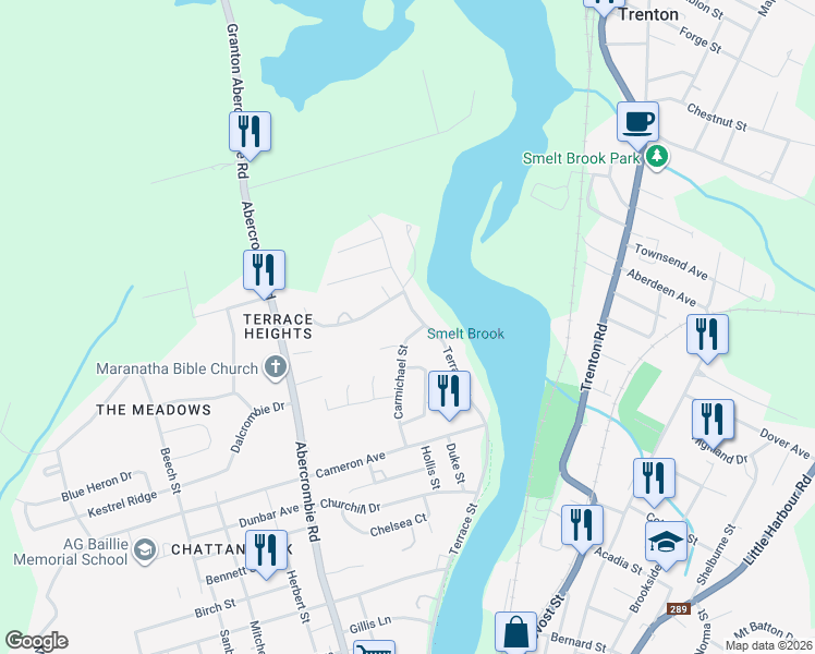 map of restaurants, bars, coffee shops, grocery stores, and more near 524 Carmichael Street in New Glasgow