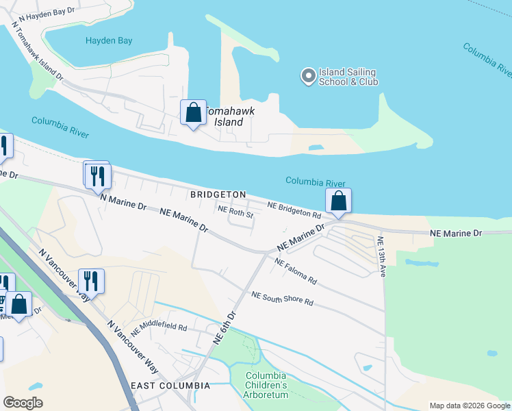 map of restaurants, bars, coffee shops, grocery stores, and more near 552 Northeast Bridgeton Road in Portland