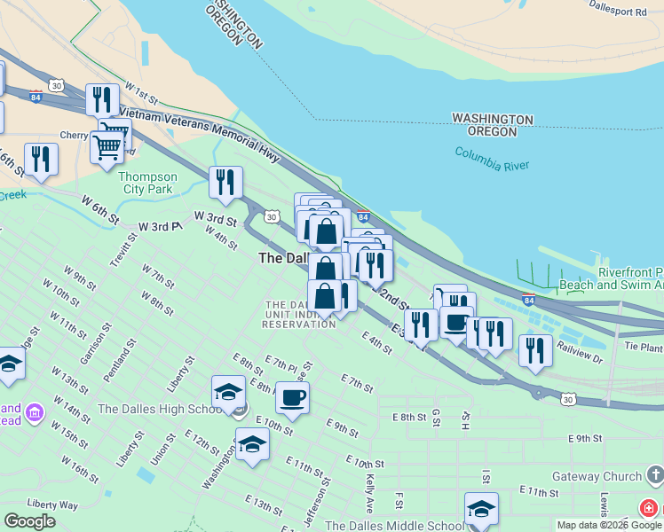 map of restaurants, bars, coffee shops, grocery stores, and more near in The Dalles