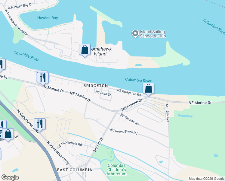 map of restaurants, bars, coffee shops, grocery stores, and more near 552 Northeast Bridgeton Road in Portland