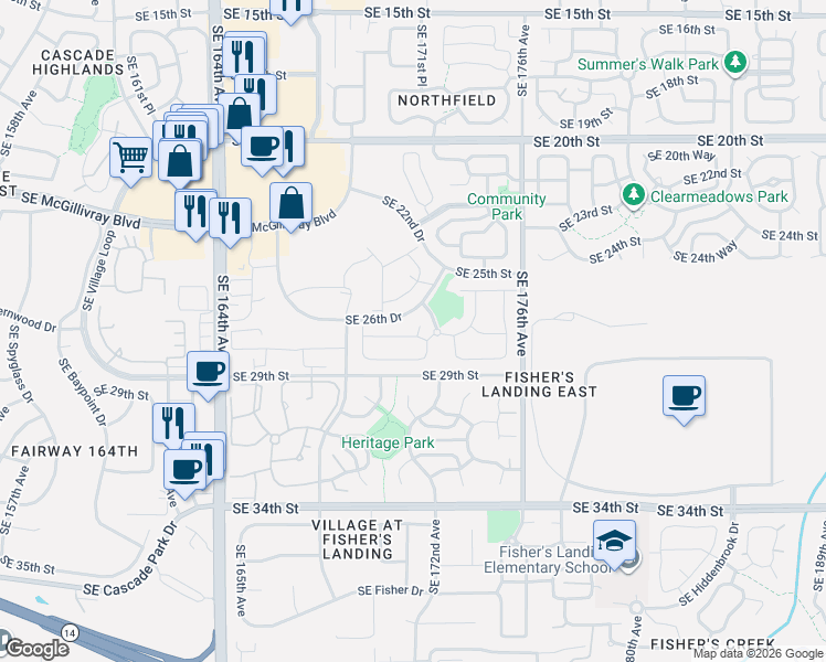 map of restaurants, bars, coffee shops, grocery stores, and more near 2606 Southeast 171st Court in Vancouver