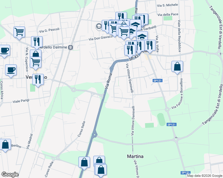 map of restaurants, bars, coffee shops, grocery stores, and more near 11 Via Gioacchino Rossini in Verdello