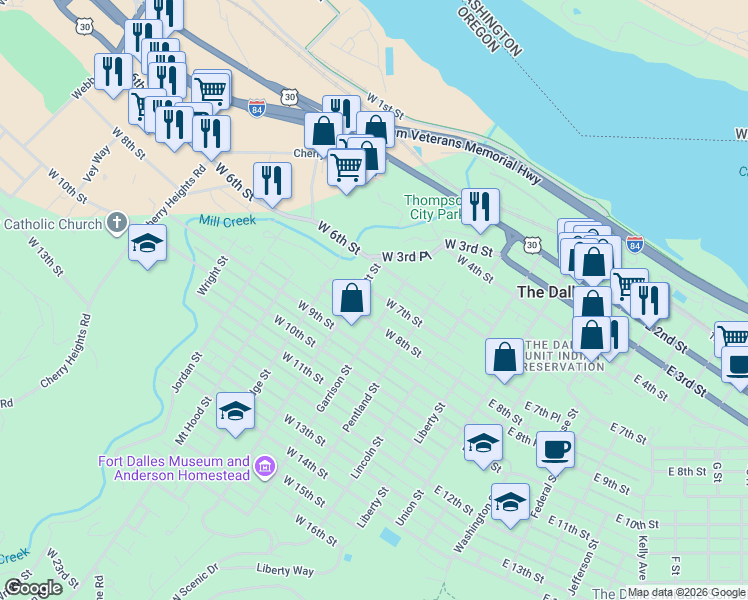 map of restaurants, bars, coffee shops, grocery stores, and more near 510 West 7th Street in The Dalles
