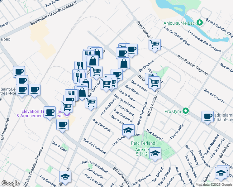 map of restaurants, bars, coffee shops, grocery stores, and more near 9163 Rue de Belmont in Montréal