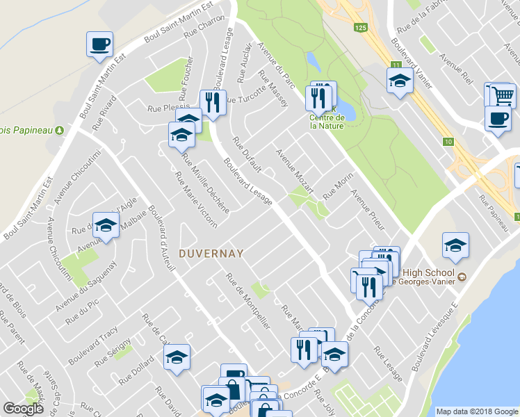map of restaurants, bars, coffee shops, grocery stores, and more near 3591 Boulevard Tracy in Laval