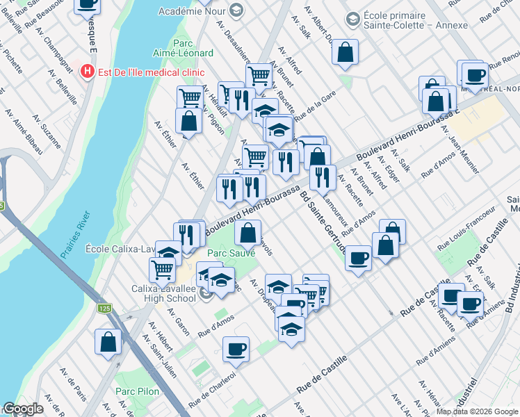 map of restaurants, bars, coffee shops, grocery stores, and more near 11595 Avenue l'Archevêque in Montréal