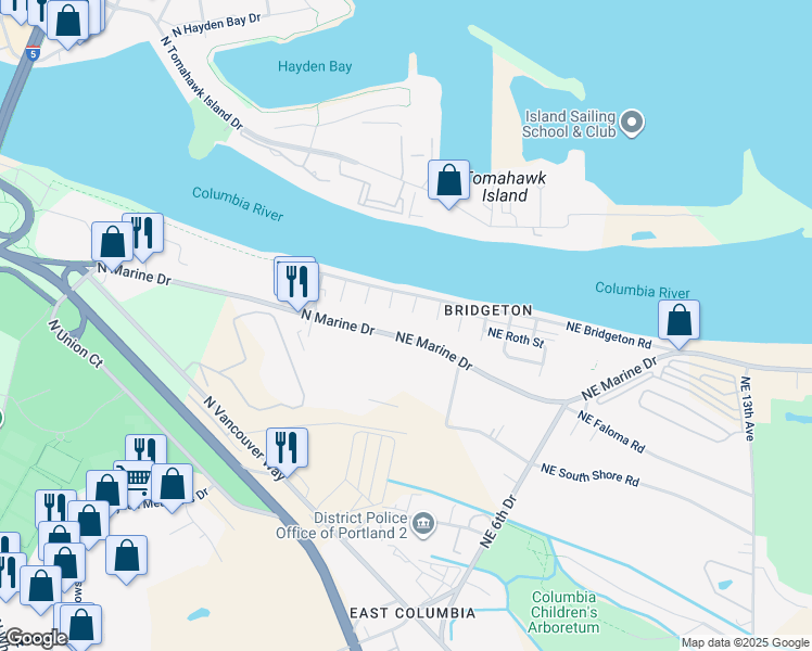 map of restaurants, bars, coffee shops, grocery stores, and more near 49 Northeast Marine Drive in Portland