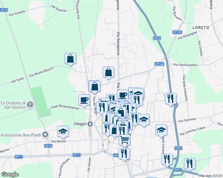 map of restaurants, bars, coffee shops, grocery stores, and more near 33 Viale Parco Mazza in Oleggio