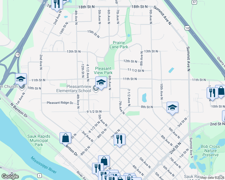 map of restaurants, bars, coffee shops, grocery stores, and more near 1020 6th Avenue North in Sauk Rapids