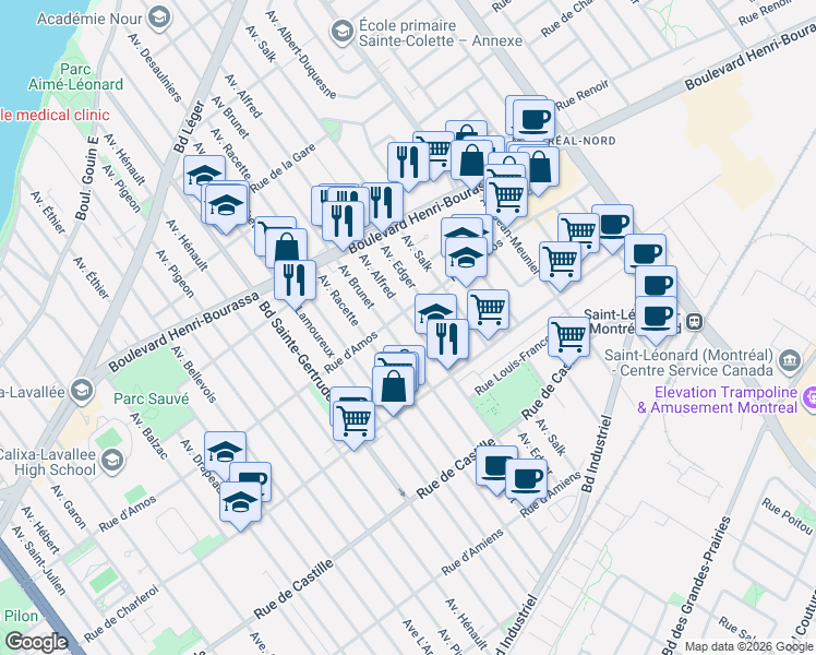 map of restaurants, bars, coffee shops, grocery stores, and more near 11270 Avenue Alfred in Montréal